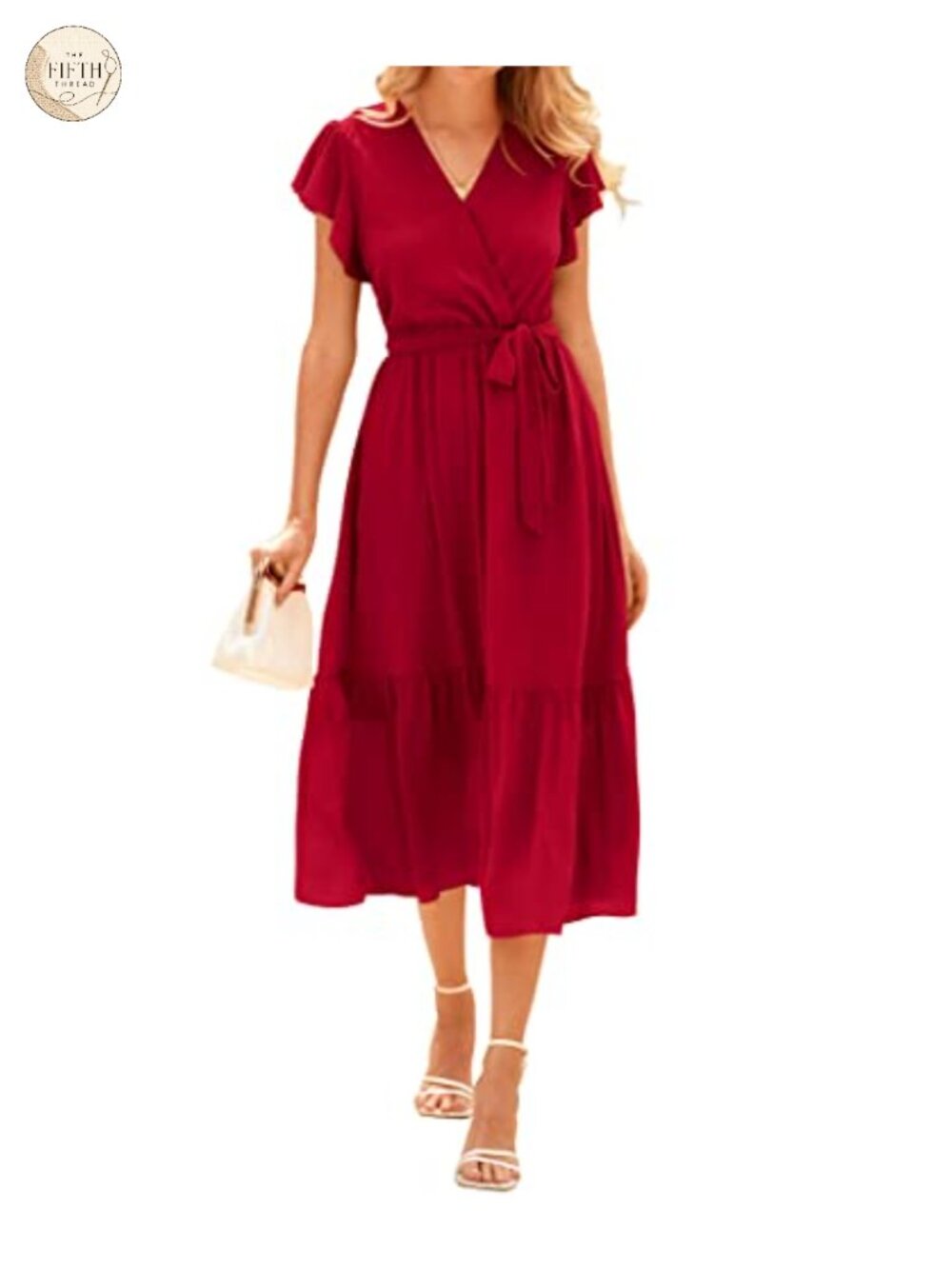 Women's Midi Dress Wrap V-Neck Ruffle Cap Sleeve Belted A-Line Casual